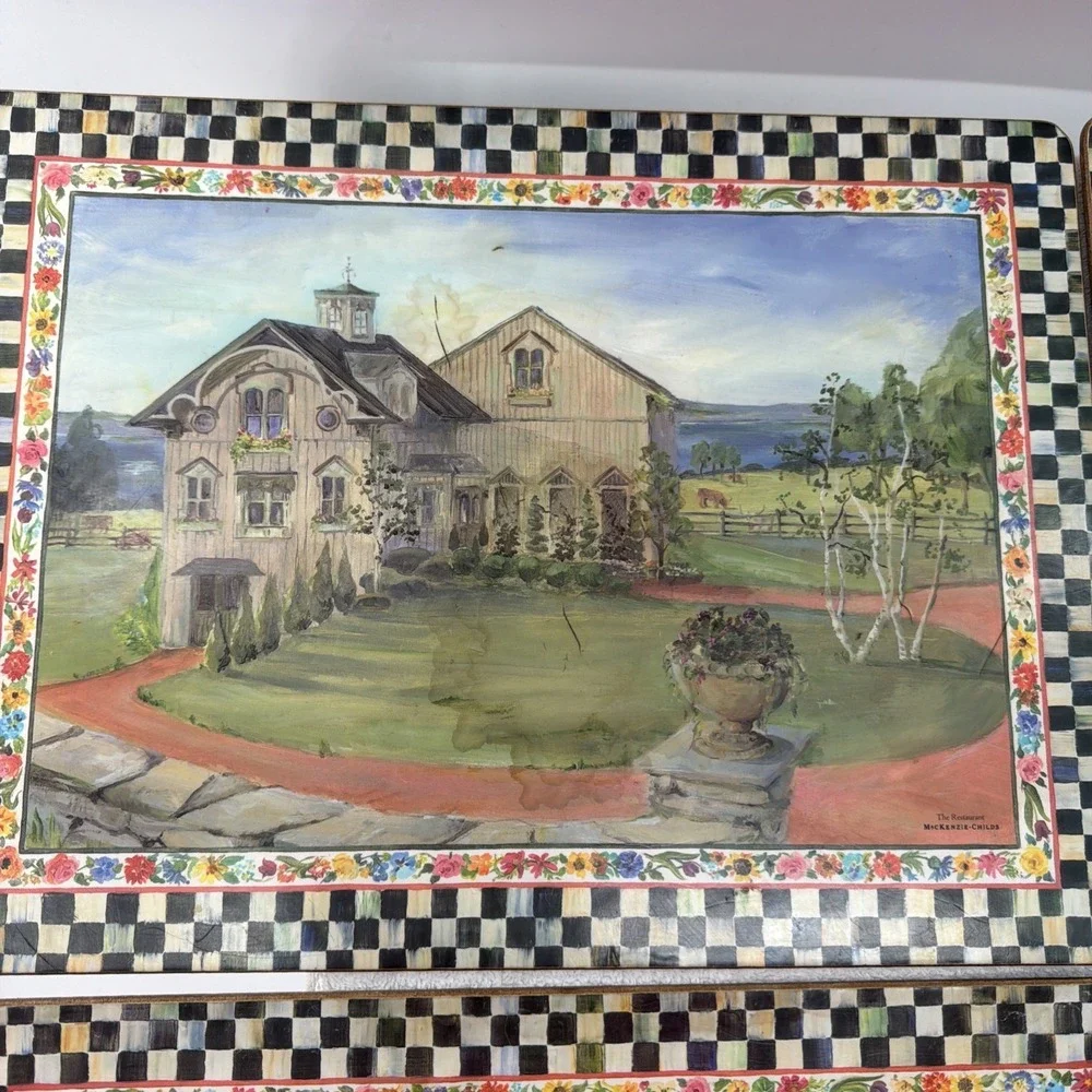 RARE MacKenzie  Childs Check Aurora Cork board Placemats Set  4 FARM 1980's-90's